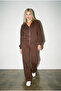 Brown Zippered Oversize Women's Tracksuit Bottom and Top Set