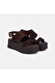 Women's Bitter Brown Gold Buckle Wedge Heeled Suede Sandals