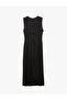Sleeveless Crew Neck Midi Length Aerobin Satin Dress with Accessory Detail - 4