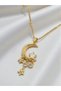 Women's Gold Color Steel Moon Star Crescent Pendant Necklace with Stone Minimal Stylish Necklace - 3