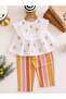 Girl's Cotton Floral Embroidered Blouse and Striped Pants Set - 4