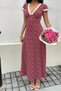 New Season Women's Short Sleeve Deep V Collar Lace Detailed Floral Patterned Long Single Jersey Dress - 6