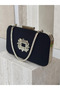 Navy Blue Color Z.A.R.A. Satin Crystal Stone Embroidered Chain Women's Evening Dress Bag Wedding Engagement Graduation - 8
