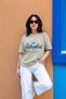 Women's Stone Color Oversize Paradise Printed Lycra Crew Neck T-Shirt (95% Cotton)