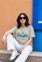 Women's Stone Color Oversize Paradise Printed Lycra Crew Neck T-Shirt (95% Cotton) - 3