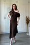 Asymmetrical Midi Brown Dress with Draped Shoulders and Waistline