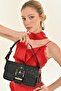 Women's Black Logo Patterned Buckle Faux Leather Shoulder Bag