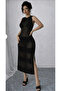 Openwork Backless Crew Neckline Slit Detailed Long 100% Cotton Pareo-Beach Dress - 3