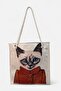 Woven Jacquard Fabric Shoulder and Beach Bag with Shepherd Stitching Blue-Eyed Cat - 2