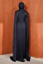 Navy Blue Satin Evening Dress with Shoulder Cape - 5