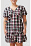 Plus Size Plaid Print Puffy Sleeve Low Waist Dress - 2