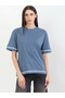 Blue Contrast Emroidery Trim Short Sleeves T-Shirt - 3