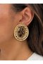 Leora Leopard Patterned Gold Color Vintage Premium Oval Framed Gold Women's Earring Set - 2