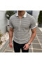 Polo Collar T-Shirt Striped Waffle Fabric Textured Cotton