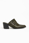 Khaki Green Matte Leather Suede Studded Detail Closed Front Open Back Heeled Western Cowboy Mules Slippers - 2