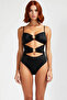 Women's Swimsuit with Straps, Belly Cut Out Detail, Without Underwire, Plain Pattern, Knitted Fabric, Raschel Woven, Sleeveless - 4