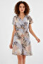 Women's Short Sleeve Belted Patterned Chiffon Gray Dress - 4