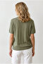 Women's Khaki Viscose Polo Collar Openwork Draped Knitwear Blouse Blz-19003363 - 6