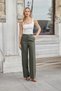 High Waist Side Pockets Wide Leg Lightweight Stretch Woven Fabric Palazzo Trousers-Khaki