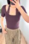 Lace-Up Neckline Short Sleeve Plum Blouse - 3