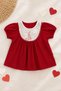 Baby Girl 100% Cotton Linen Embroidery Detailed Balom Sleeve Summer Dress - Red 6-24 Months