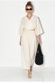 Women's Cream Double-Breasted Tie-Down Blouse with Gipe Detailed Lined Skirt Muslin Cotton Set 1059 60286286 - 4