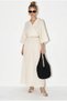Women's Cream Double-Breasted Tie-Down Blouse with Gipe Detailed Lined Skirt Muslin Cotton Set 1059 60286286 - 3