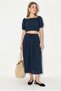 Women's Navy Blue Balloon Sleeve Crop Blouse with Tie Detail Cotton Muslin Skirt Set Yc2728 60286287 - 3