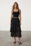 Women's black elastic waist layered flounced lined midi length chiffon skirt alc-x15528
