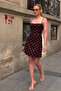 Women's Bitter Brown Polka Dot Gathered Waist Thin Strap Lined Mini Tulle Dress - 6