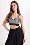 Women's Slim Fit Cross Back Tie Strap V-Neck Striped Black Crop Top - 4