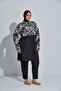 Women's Battal Hijab Swimsuit Full Covered Skirted Long Sleeve Large Size Zippered Patterned Swimsuit Set - 2