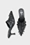 Women's Pointed Toe Lace Detailed Short Heeled Slippers Zerris Black - 3