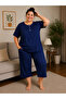 Women's Plus Size Floral Patterned Spotted Pajama Set Short Sleeve Capri Bottom Top Set Button Detail Cotton Oversized Comfortable Fit Stylish Home Wear Sleep Set - 2