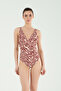 Women's Burgundy Patterned Textured Fabric Removable Covered Deep V-Neck Swimsuit