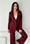 Burgundy Women's Accessory Lined Single Button Blazer Jacket & Fabric Trousers Suit - 4