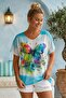 Italian White-Blue V-Neck Low Sleeve Slim Digital Printed Casual Mercerized Knitwear Blouse 66 65 - 2