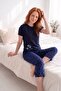 Women's Navy Blue Pattern Buttonless Crew Neck Summer Lycra Viscose Flexible Short Sleeve Capri Pajama Set - 7