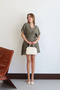Women's Khaki V-Neck Belt Detailed Stylish Buttoned Premium Quality Lined Summer Mini Shirt Dress - 3