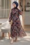 Shawl Pattern Pleated Navy Blue Chiffon Dress - 2