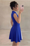 Women's Blue Chinese Collar Sleeveless White Contrast Flared Skirt Diver Fabric Short Mini Evening Dress - 3