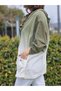 Women's Khaki Ombre Cotton Linen Jacket with Hood and Mesh Detail Shirt - 3