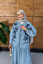 Women's Beaded Embroidery Half Button Denim Dress - 3