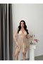 Beige V-Neck Lace Sleeve Short Evening Dress with Back Detail - 2
