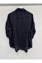 Women's Navy Blue Italian Collar Sequin Embroidered Foldable Long Sleeve Oversize Linen Shirt 40 - 46 Size - 3