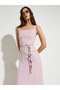 Pink Square Neck Midi Dress with Beaded Tie-Waist - 2