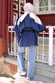 Navy Blue Cape Collar Shirt with Tie Strings - 5