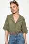Women's Pistachio Green Self-Striped Open Collar Oversize Short Sleeve Shirt 60282055 - 2