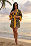 Yellow Floral Patterned Midi Length Viscose Women's Kimono - 2