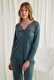 Buttoned Pajama Set with Lace Collar, Shoulder and Leg - 6